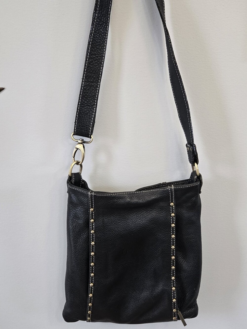 Avorio Black Leather Crossbody Bag with Gold Stud Accents